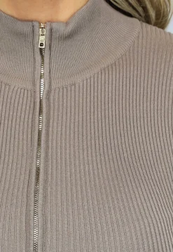 Taupe Ribstof Jumpsuit met Lange Mouwen en Rits