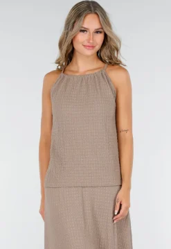 Taupe Set met Hooggesloten Top en Stretch