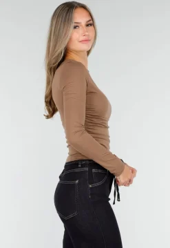 Taupe Stretch Top met Plooitjes en Lange Mouwen