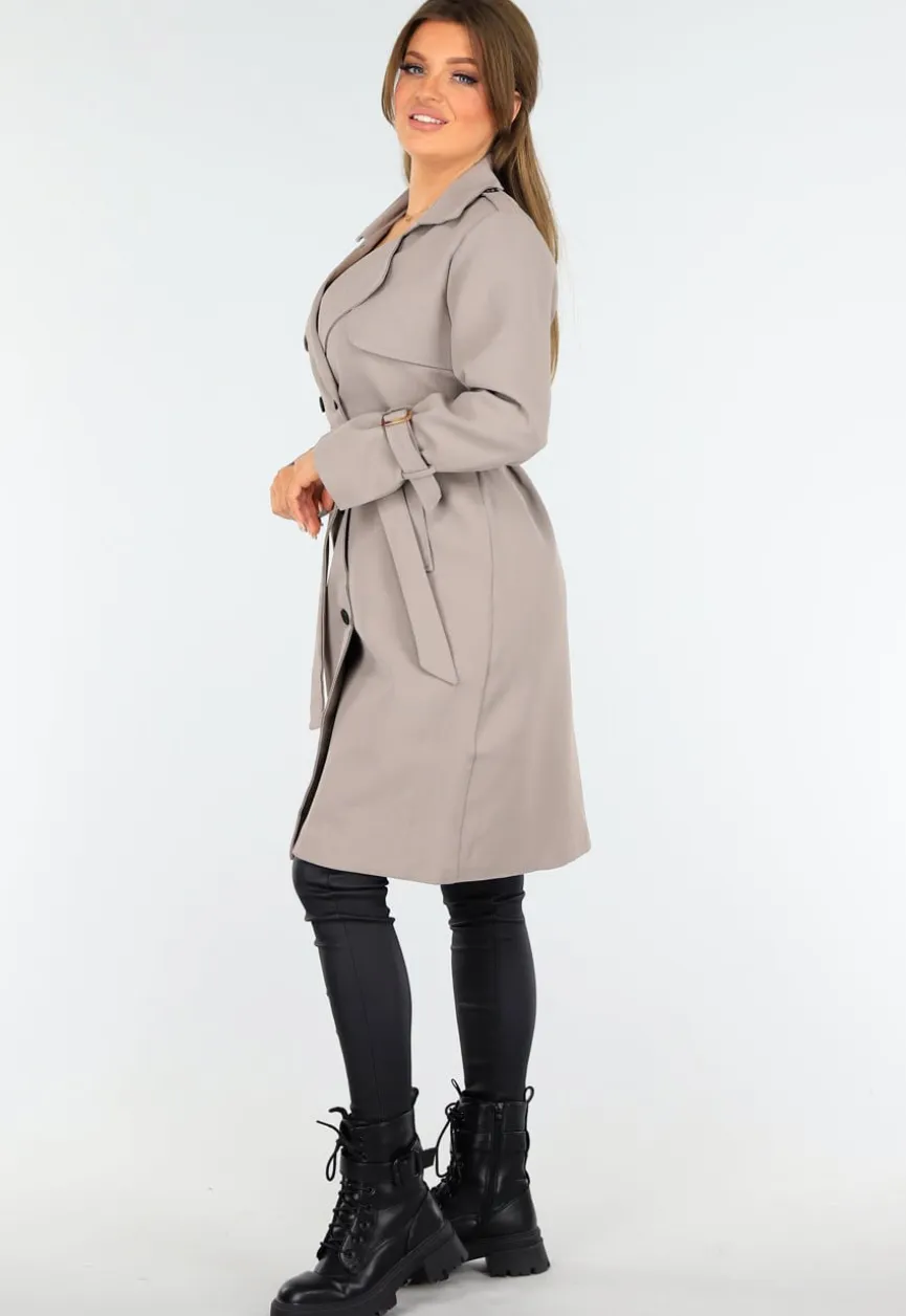 Taupe Trenchcoat met Knoopsluiting en Gespjes