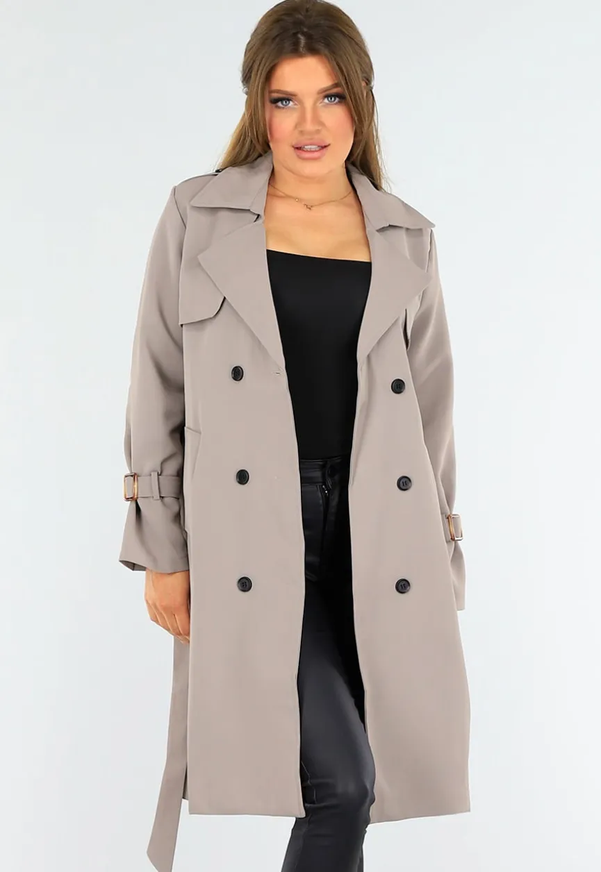 Taupe Trenchcoat met Knoopsluiting en Gespjes