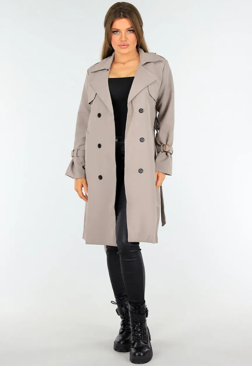 Taupe Trenchcoat met Knoopsluiting en Gespjes