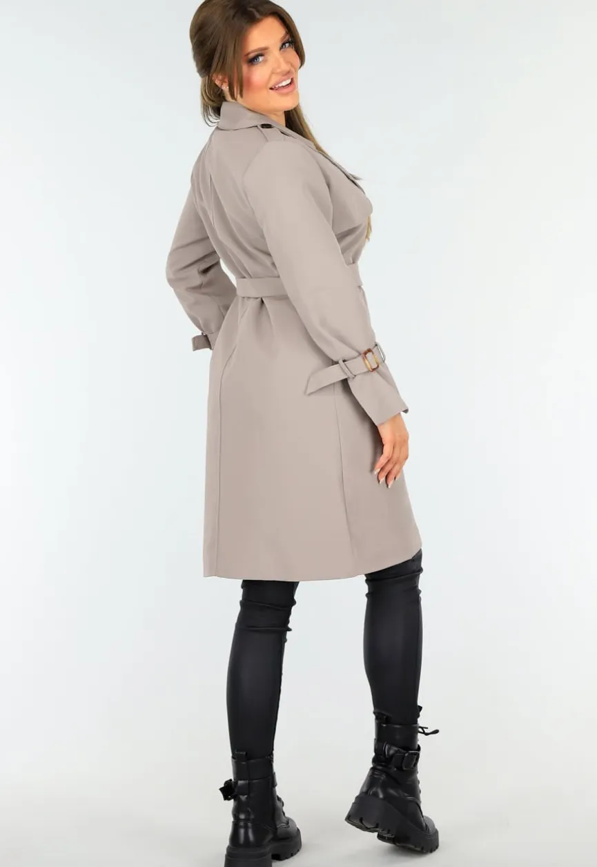 Taupe Trenchcoat met Knoopsluiting en Gespjes