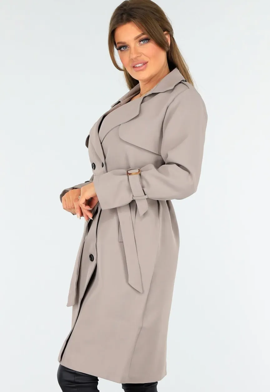 Taupe Trenchcoat met Knoopsluiting en Gespjes