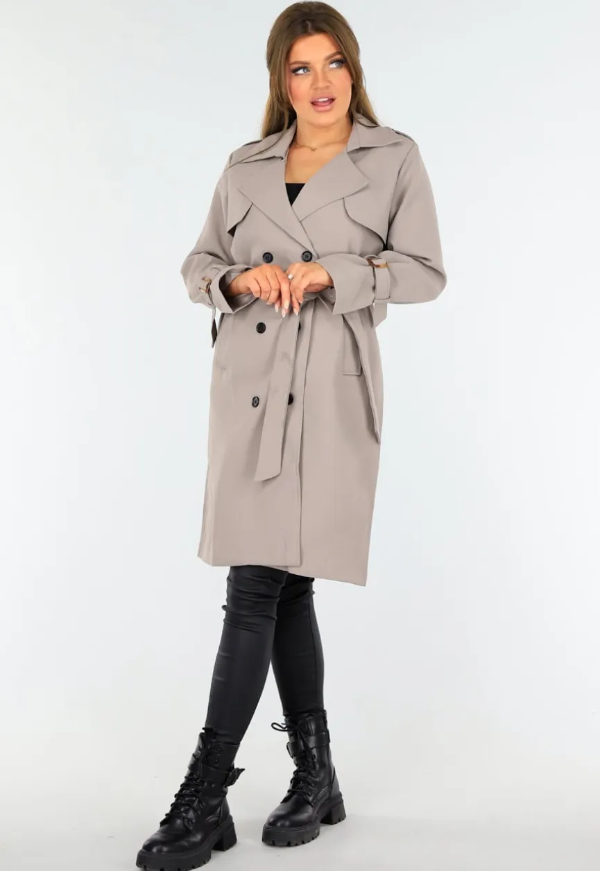Taupe Trenchcoat met Knoopsluiting en Gespjes