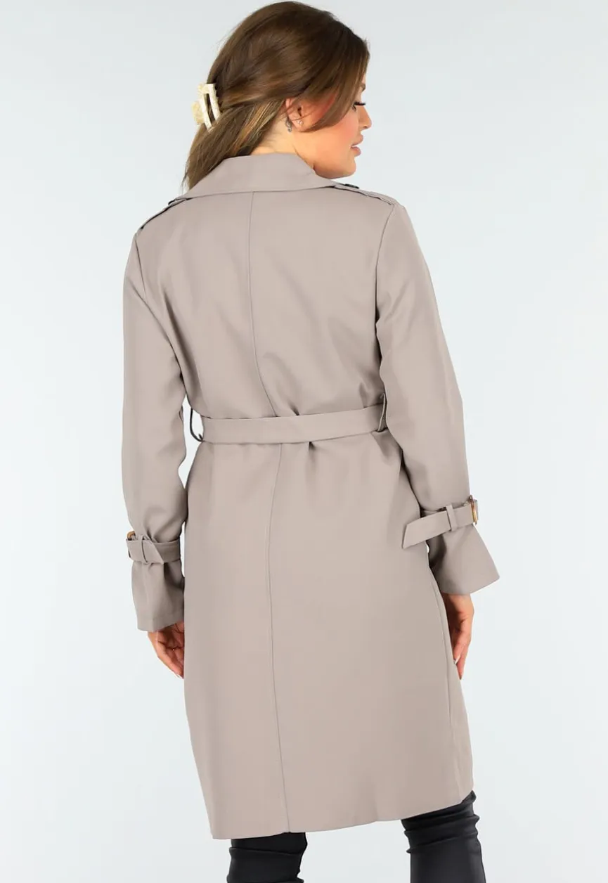 Taupe Trenchcoat met Knoopsluiting en Gespjes