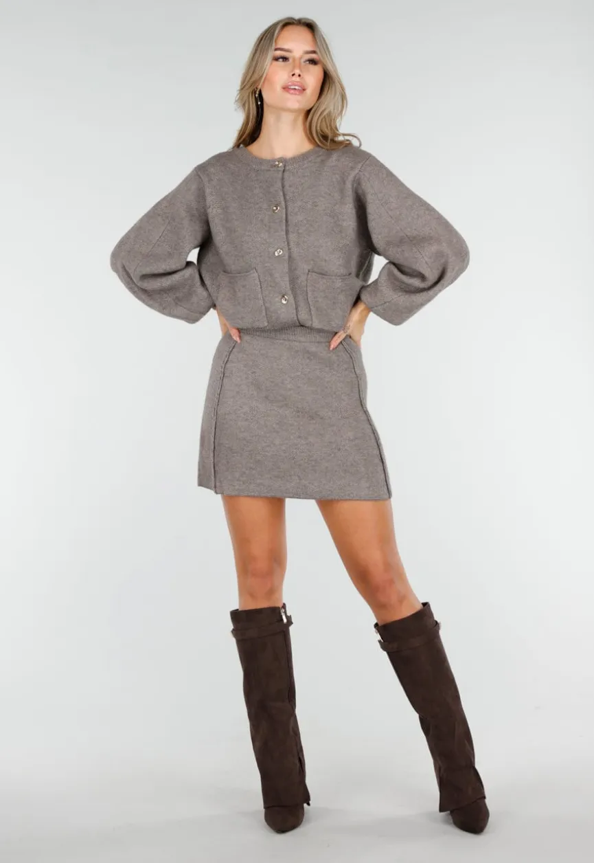 Taupe Twee-Delige Set met Gebreid Vest en Rok