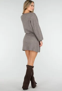 Taupe Twee-Delige Set met Gebreid Vest en Rok