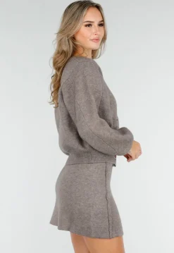 Taupe Twee-Delige Set met Gebreid Vest en Rok