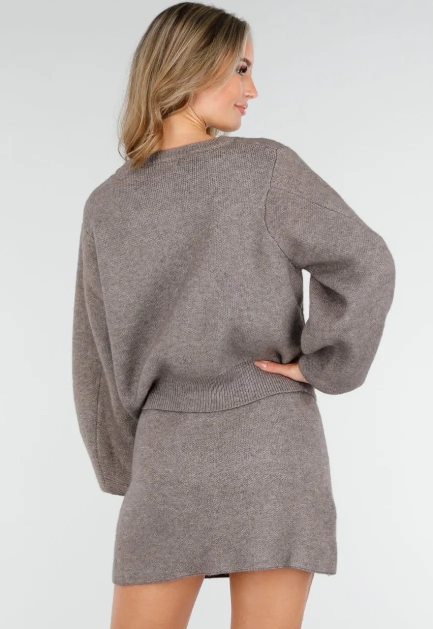 Taupe Twee-Delige Set met Gebreid Vest en Rok