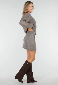 Taupe Twee-Delige Set met Gebreid Vest en Rok