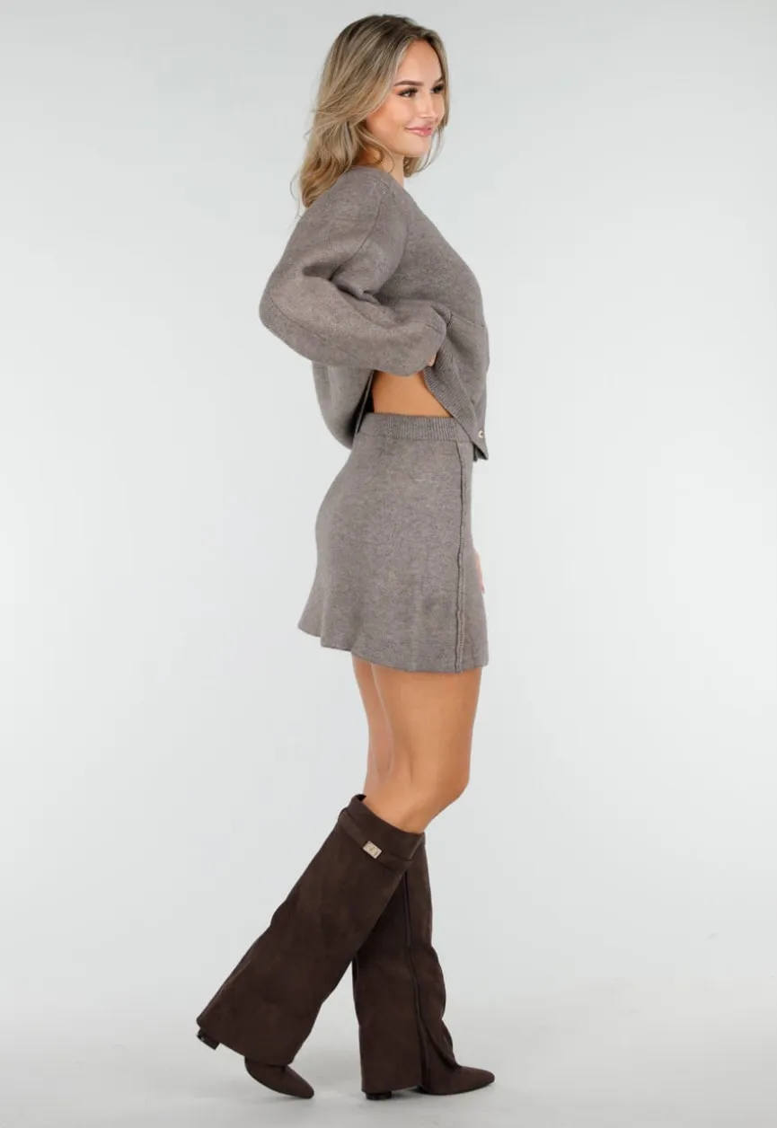 Taupe Twee-Delige Set met Gebreid Vest en Rok