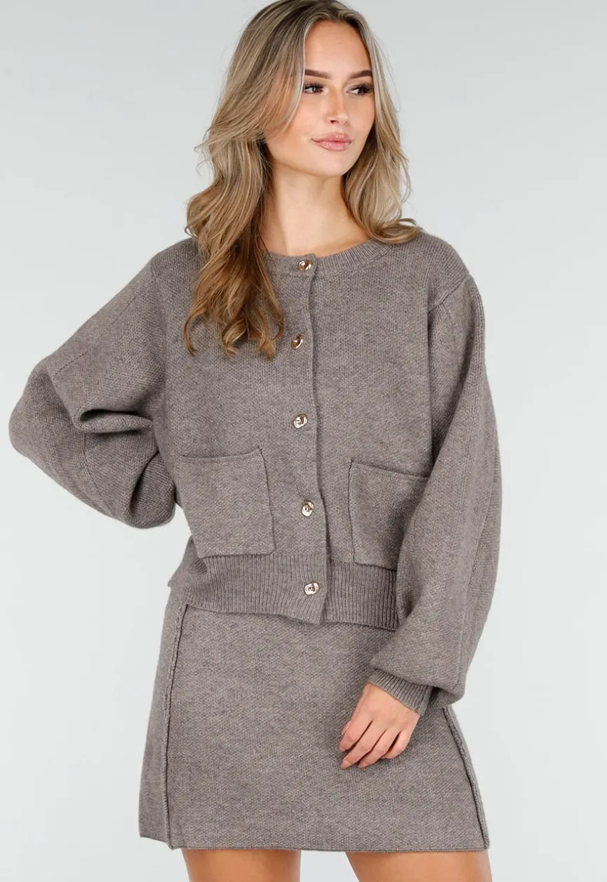Taupe Twee-Delige Set met Gebreid Vest en Rok