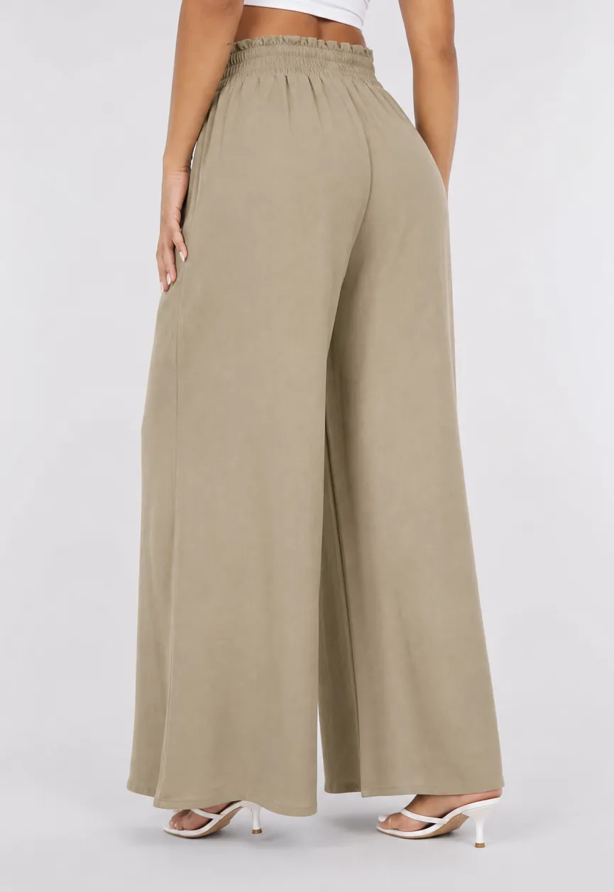 Taupe Wide Leg Broek met Smock Taille en Strikkoord