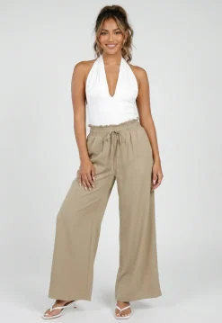Taupe Wide Leg Broek met Smock Taille en Strikkoord