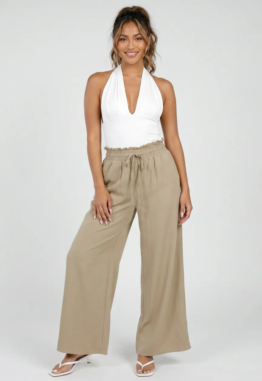 Taupe Wide Leg Broek met Smock Taille en Strikkoord