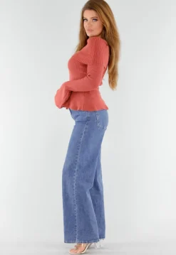 Terracotta Off Shoulder Gebreide Trui met Uitlopende Mouwen
