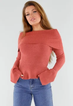 Terracotta Off Shoulder Gebreide Trui met Uitlopende Mouwen