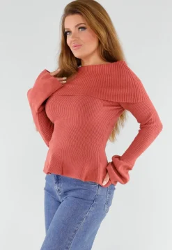 Terracotta Off Shoulder Gebreide Trui met Uitlopende Mouwen