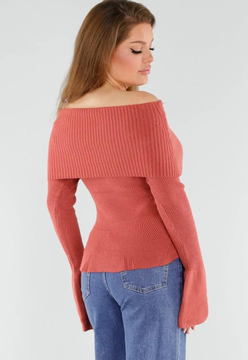 Terracotta Off Shoulder Gebreide Trui met Uitlopende Mouwen