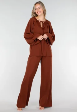 Terracotta Stretch Blouse met Striksluiting en Wijde Mouwen