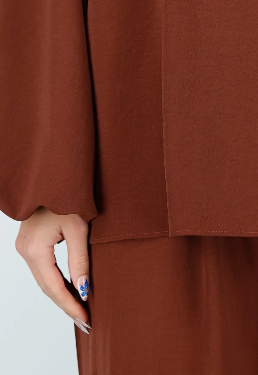 Terracotta Stretch Blouse met Striksluiting en Wijde Mouwen