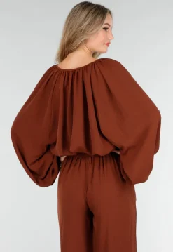 Terracotta Stretch Blouse met Striksluiting en Wijde Mouwen