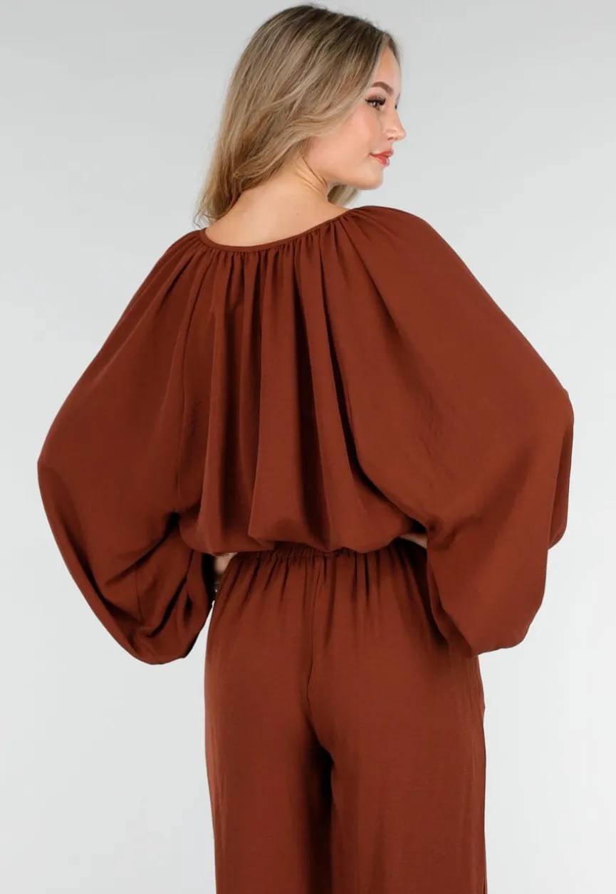 Terracotta Stretch Blouse met Striksluiting en Wijde Mouwen