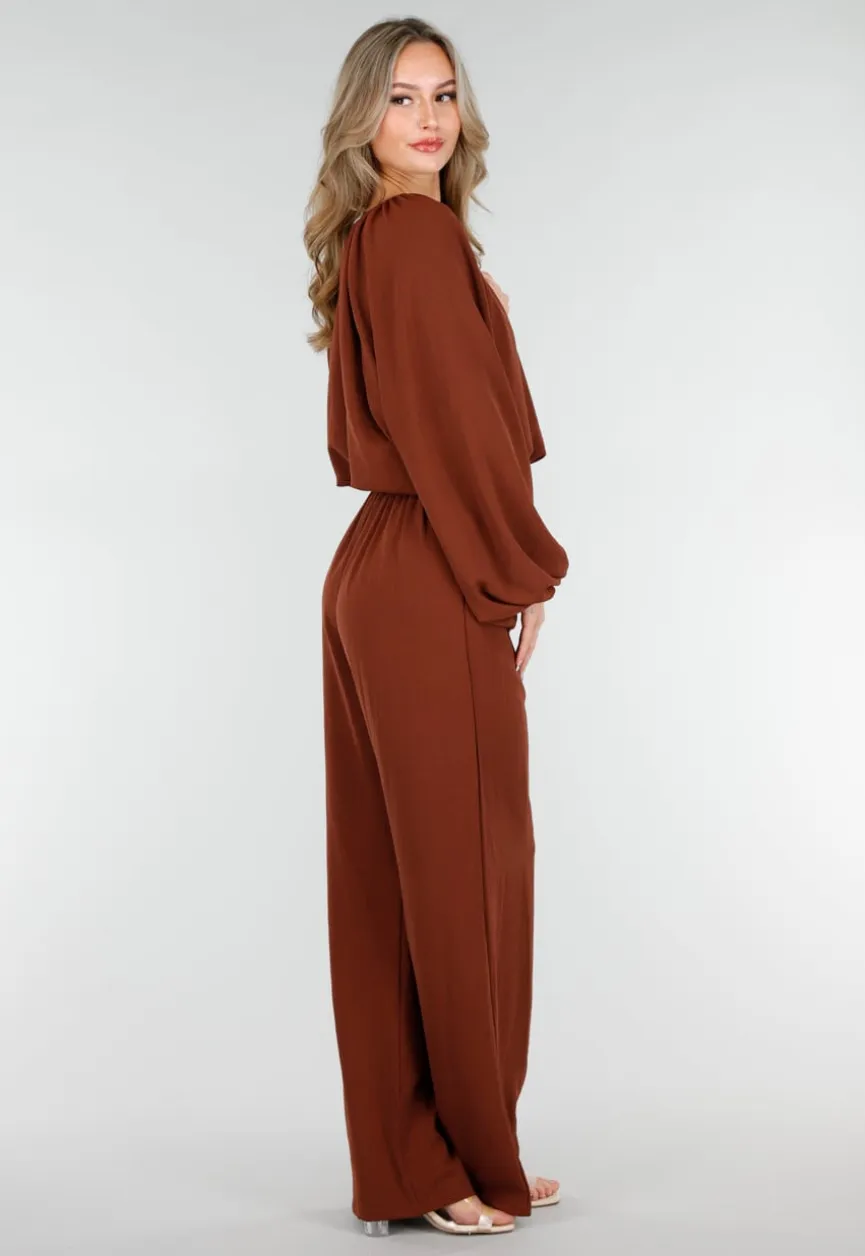 Terracotta Stretch Blouse met Striksluiting en Wijde Mouwen