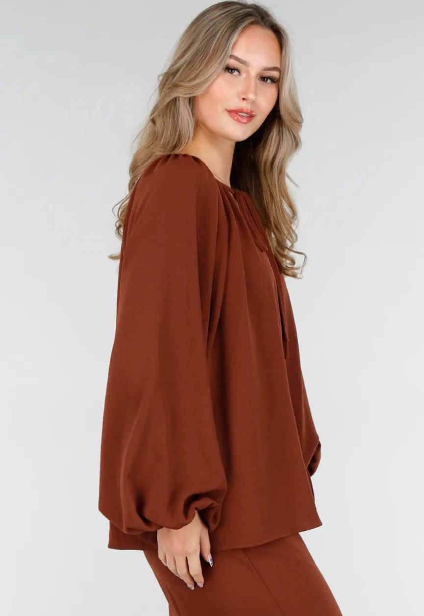 Terracotta Stretch Blouse met Striksluiting en Wijde Mouwen
