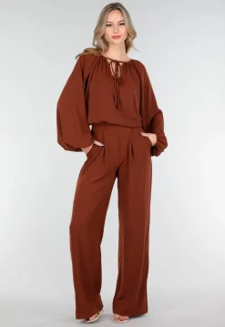 Terracotta Stretch Blouse met Striksluiting en Wijde Mouwen