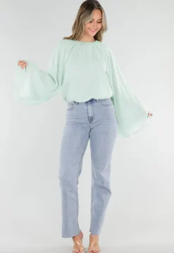 Turquoise Blouse met Wijde Lange Mouwen