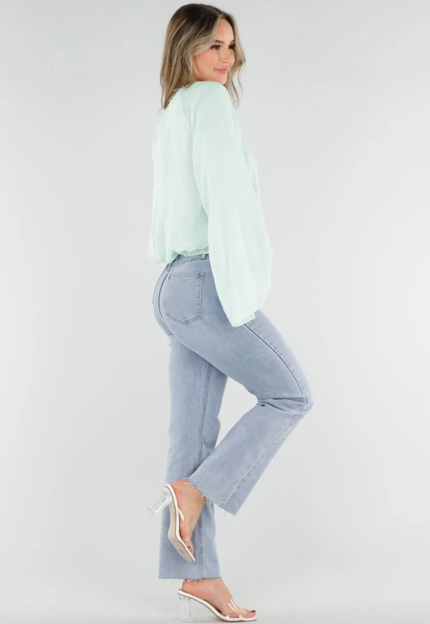 Turquoise Blouse met Wijde Lange Mouwen
