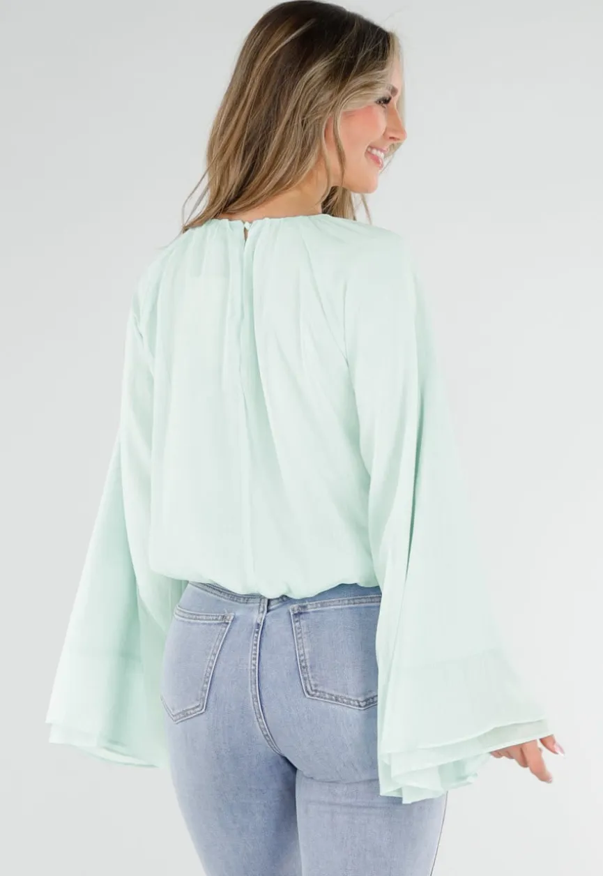 Turquoise Blouse met Wijde Lange Mouwen