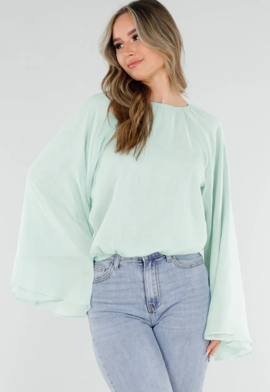 Turquoise Blouse met Wijde Lange Mouwen