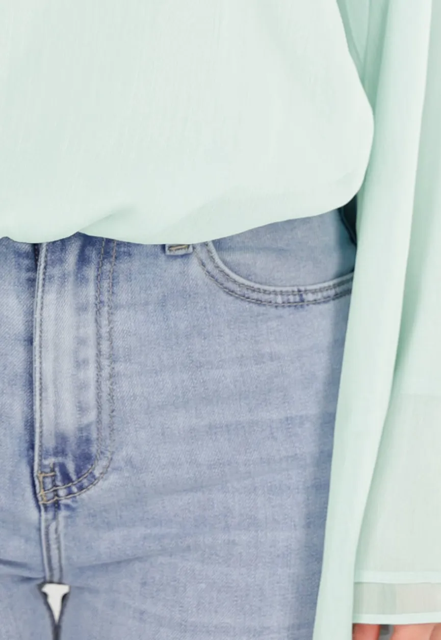 Turquoise Blouse met Wijde Lange Mouwen