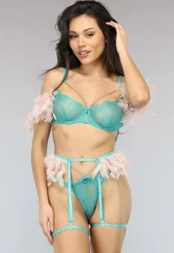 Turquoise met Roze Veren Lingerie Set met Jarretelgordel en Kettingdetails