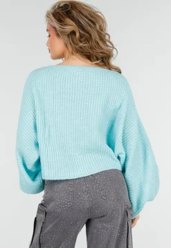 Turquoise Trui met Wijde Mouwen
