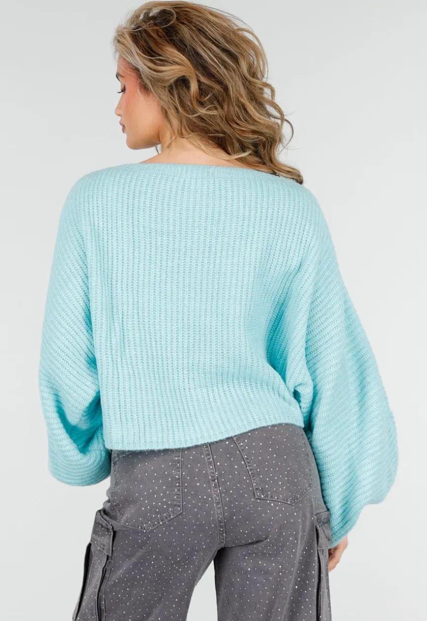 Turquoise Trui met Wijde Mouwen