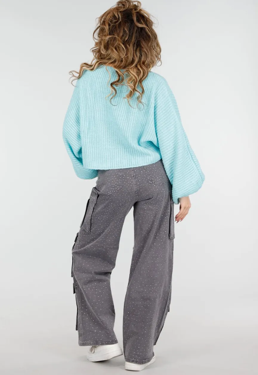 Turquoise Trui met Wijde Mouwen