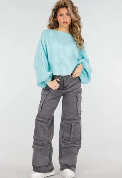 Turquoise Trui met Wijde Mouwen