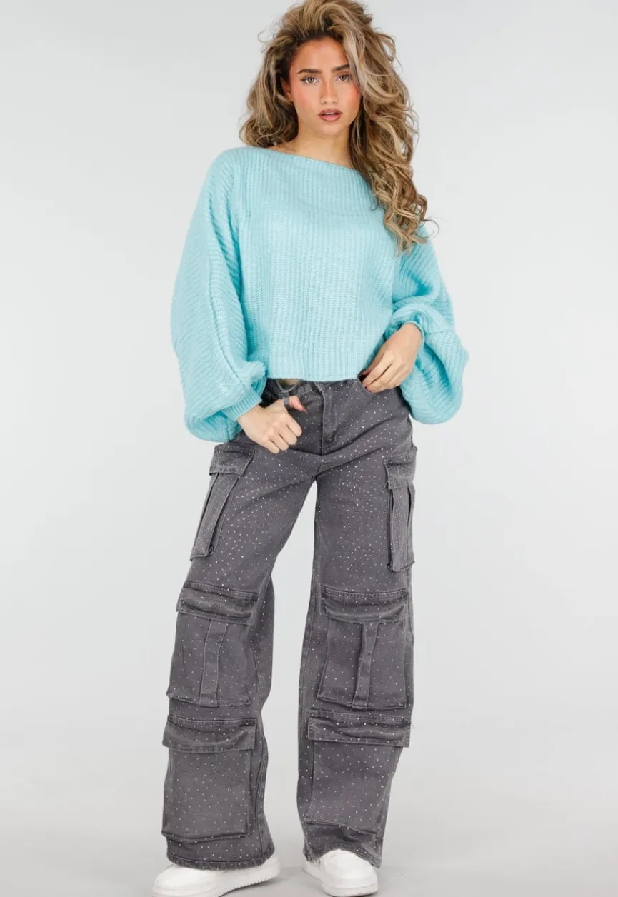 Turquoise Trui met Wijde Mouwen