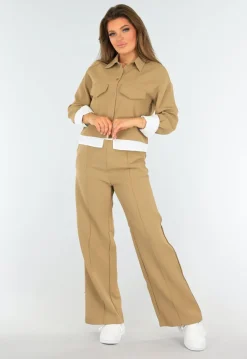 Tweedelige Camel Set met Elastische Tailleband en Blouse Detail