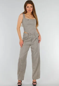 Tweedelige Geruite Stretch Set met Hoge Taille Broek en Korsettop met Baleinen