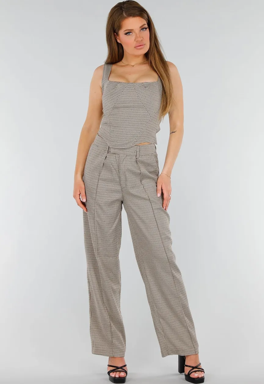 Tweedelige Geruite Stretch Set met Hoge Taille Broek en Korsettop met Baleinen