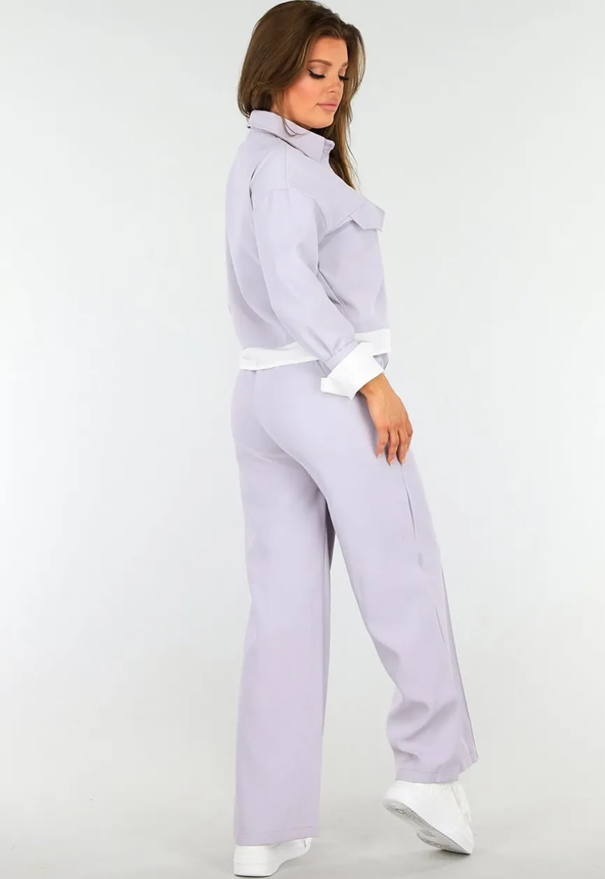 Tweedelige Paarse Set met Jasje en High Waist Broek