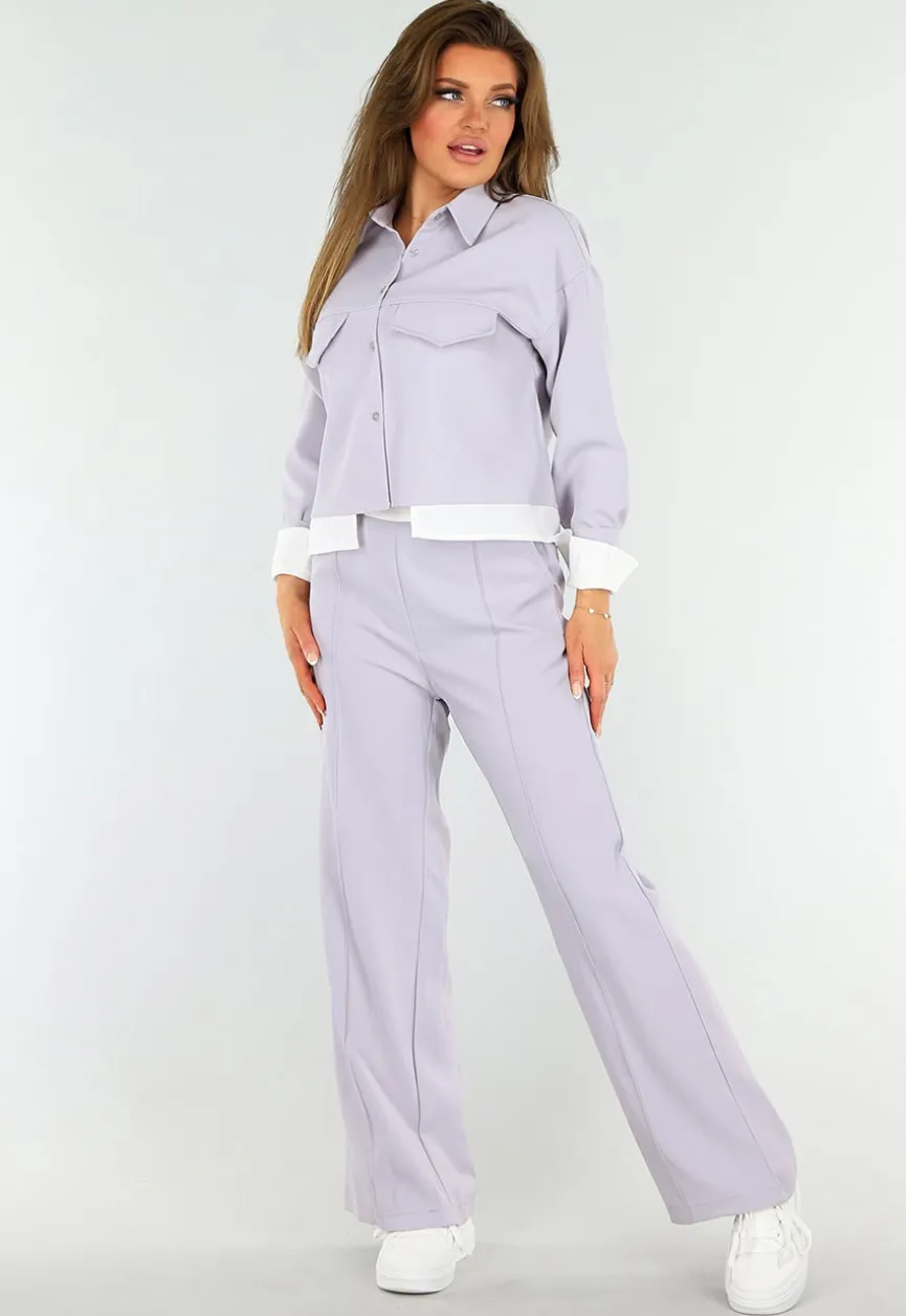 Tweedelige Paarse Set met Jasje en High Waist Broek