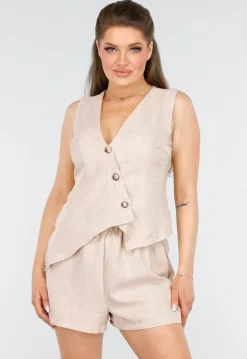 Two Piece met Short en Asymetrische Beige Top met Knopen en V-hals