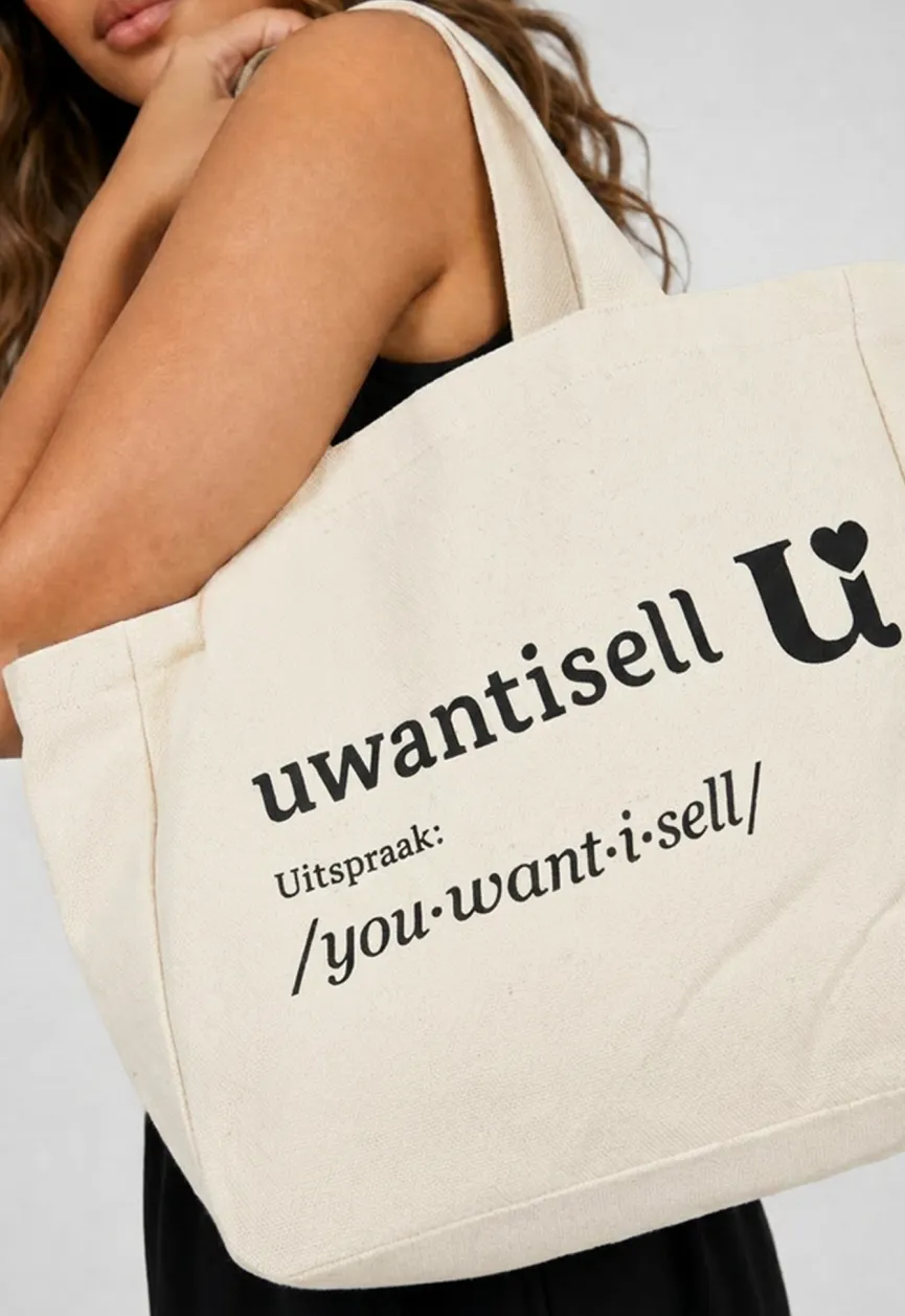 Uwantisell™ Crème Canvas Shopper met Dubbele Schouderhengsels en Opdruk