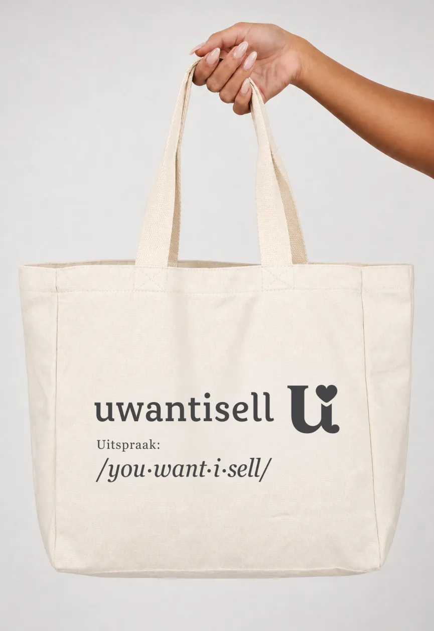 Uwantisell™ Crème Canvas Shopper met Dubbele Schouderhengsels en Opdruk